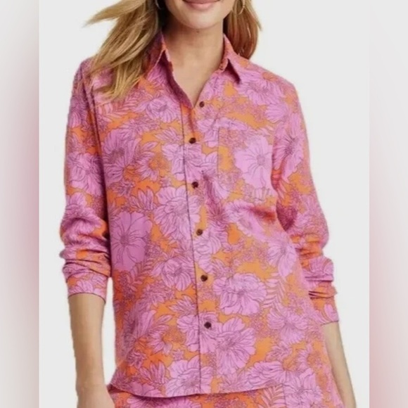 Universal Thread Tops - Universal Thread Vibrant Pink and Orange button down shirt women small tropical